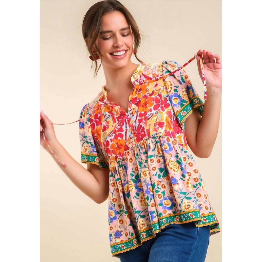 NEW UMGEE mixed floral print bohemian top in pink - Picture 1 of 6